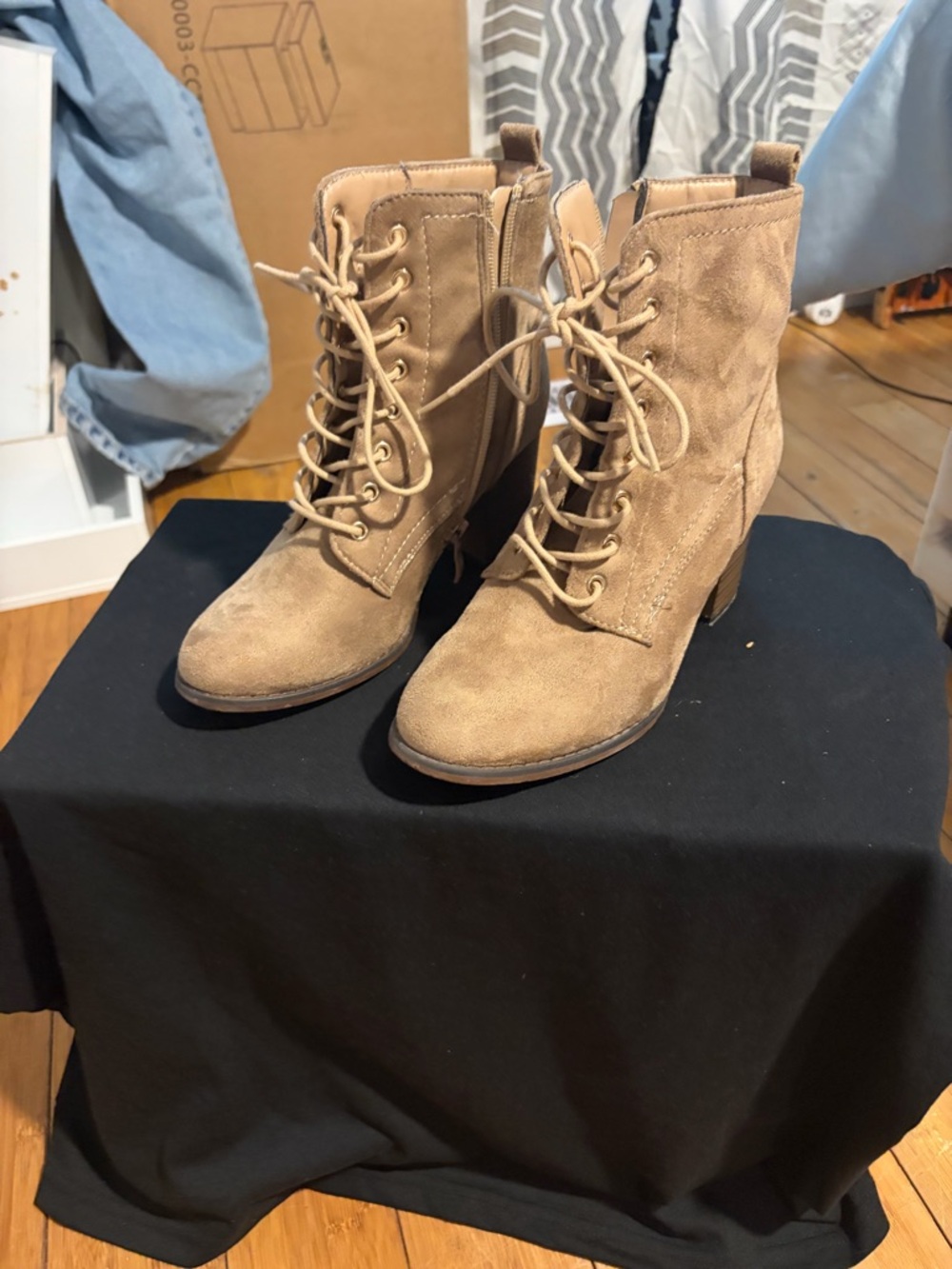 Suede Lace-Up Ankle Boots in Tan
